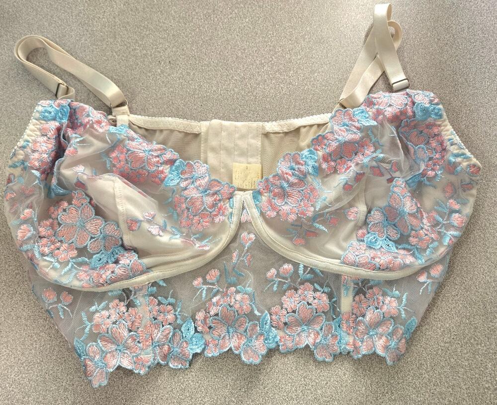 White Pink Blue Floral Embroidered Longline Bra 4XL Soft Comfy